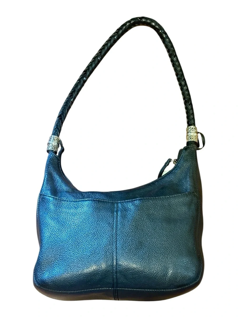 Brighton Barbados Ziptop Black Pebbled Leather Hobo with Braided Strap.